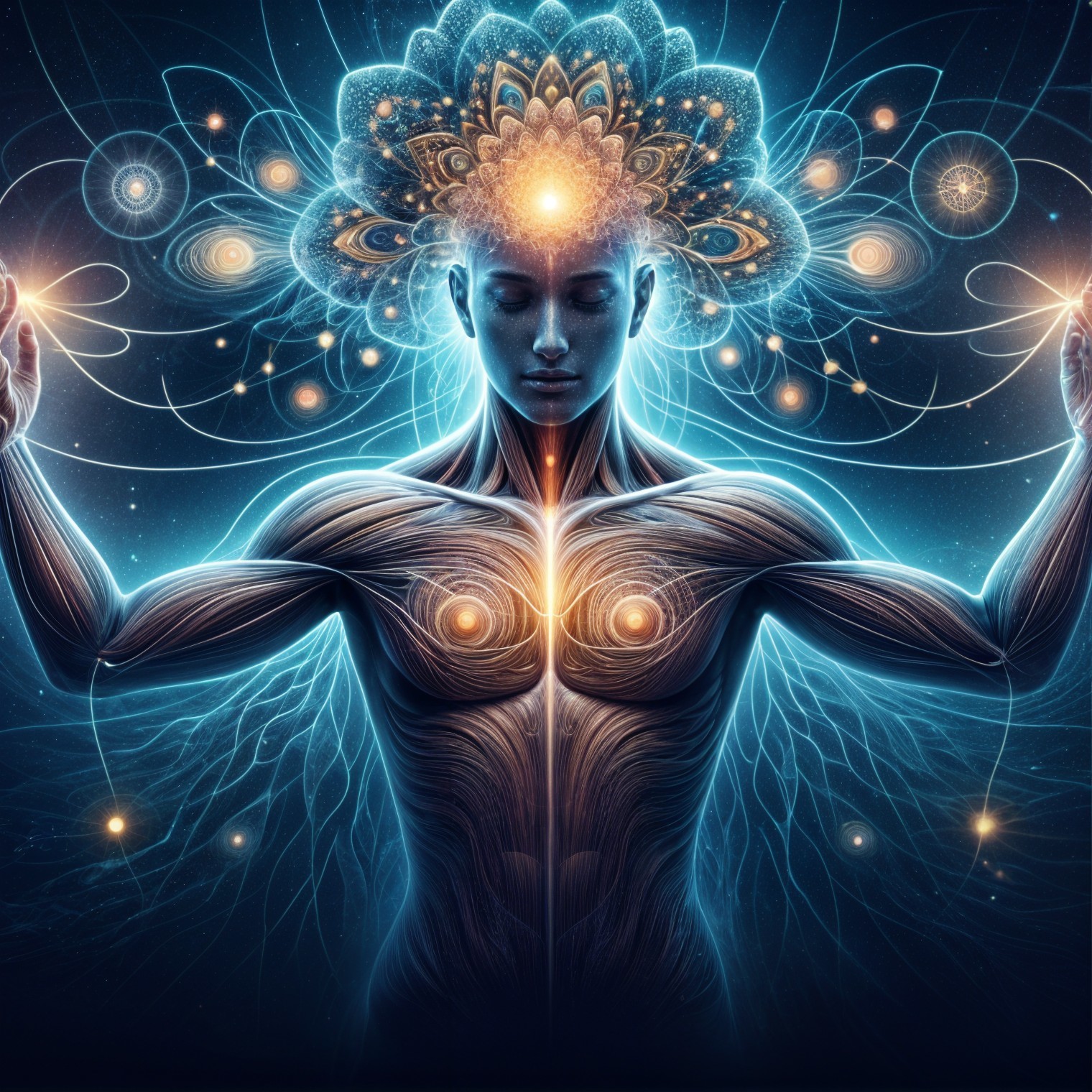 Radiant figure with energy pathways and mandala pattern