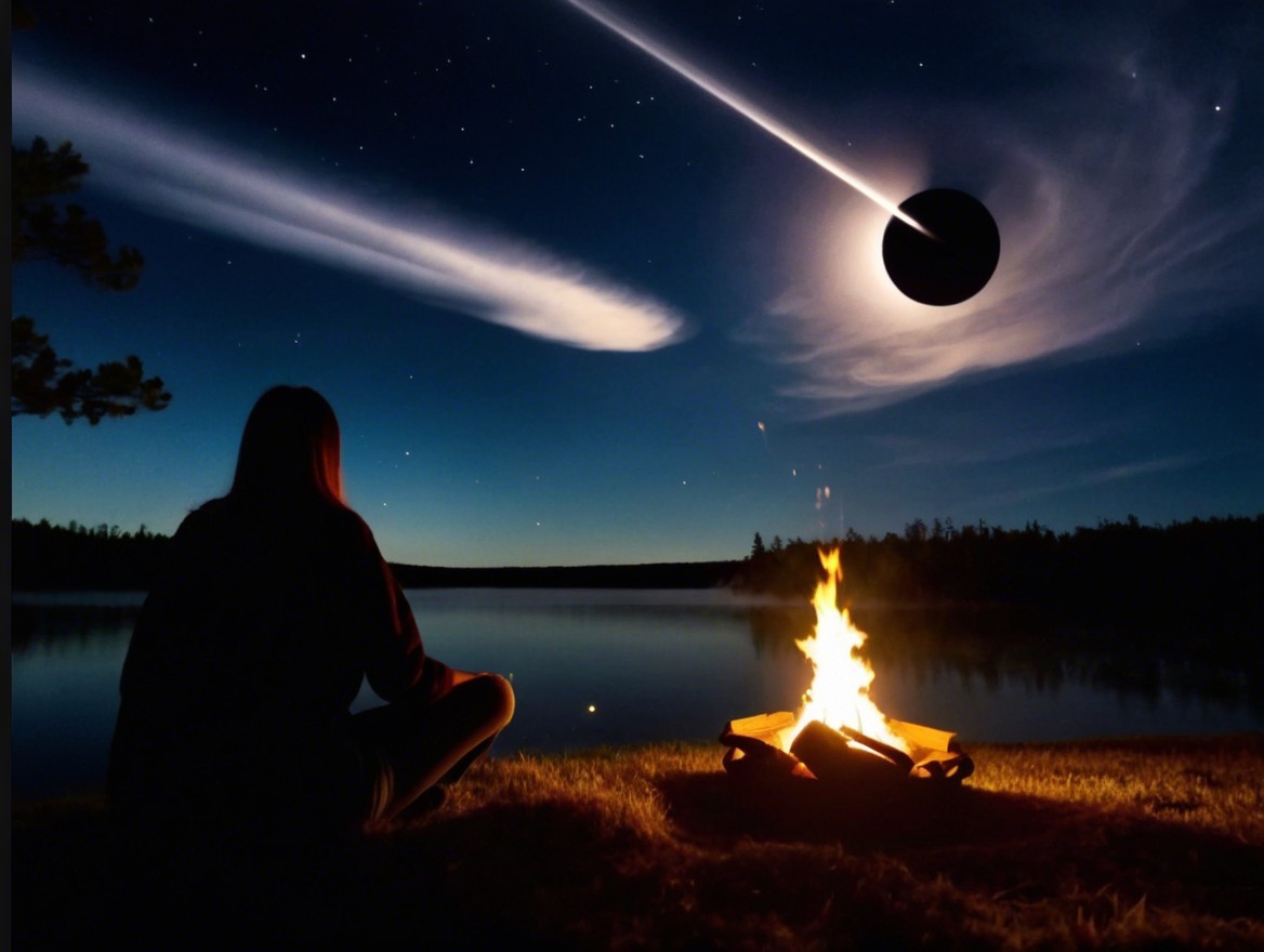 Lakeside Dusk with Eclipse and Campfire Reflection