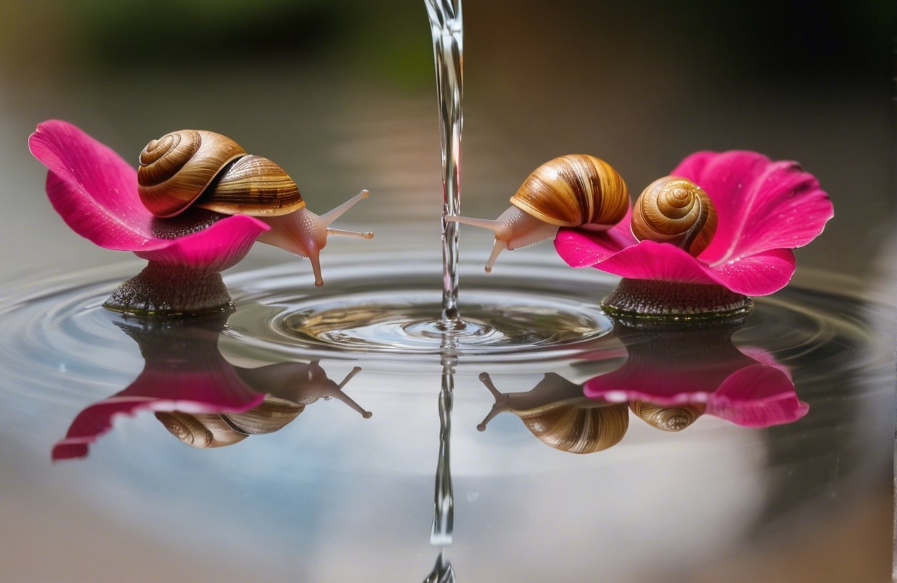 Snails on Pink Flowers Above Calm Water Surface