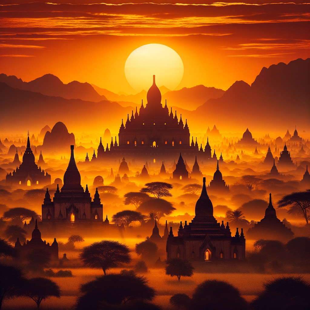 Sunset Over Ancient Pagodas and Temples Landscape