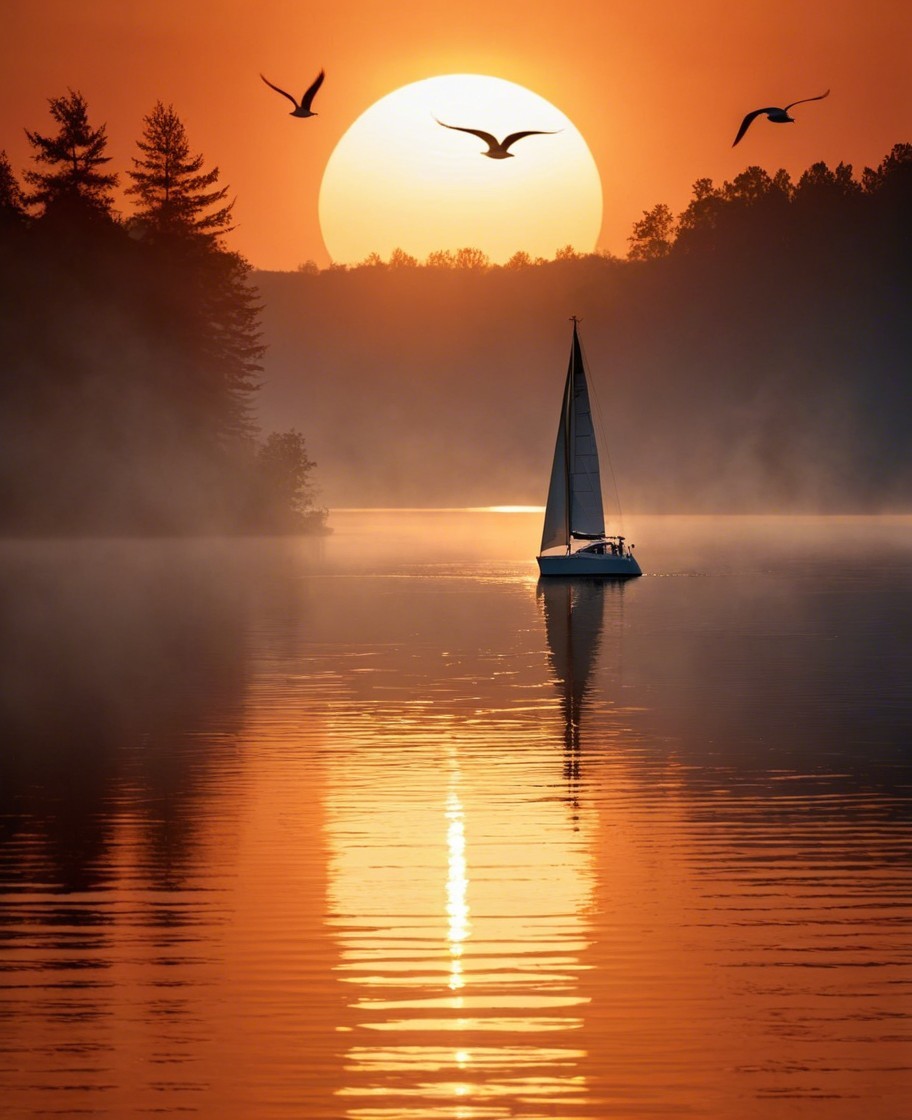 Serene sunset over a calm lake with sailboat and birds