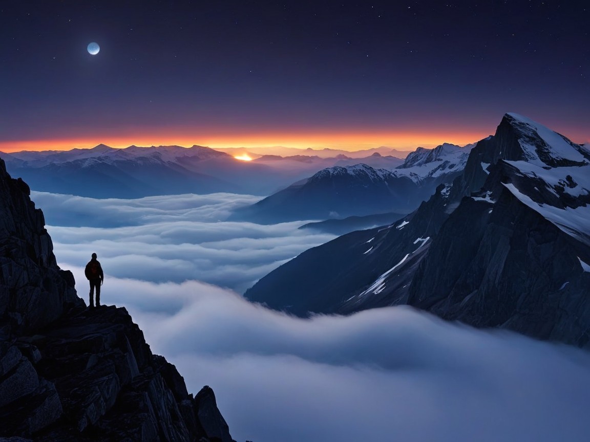 Solitary Figure on Mountain Peak at Sunset
