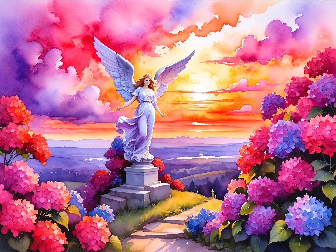 Serene Landscape with Angel Statue and Sunset Colors