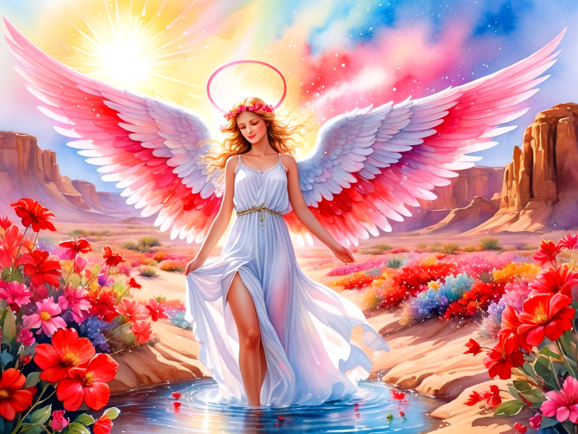 Radiant angel in vibrant floral landscape with sunlight