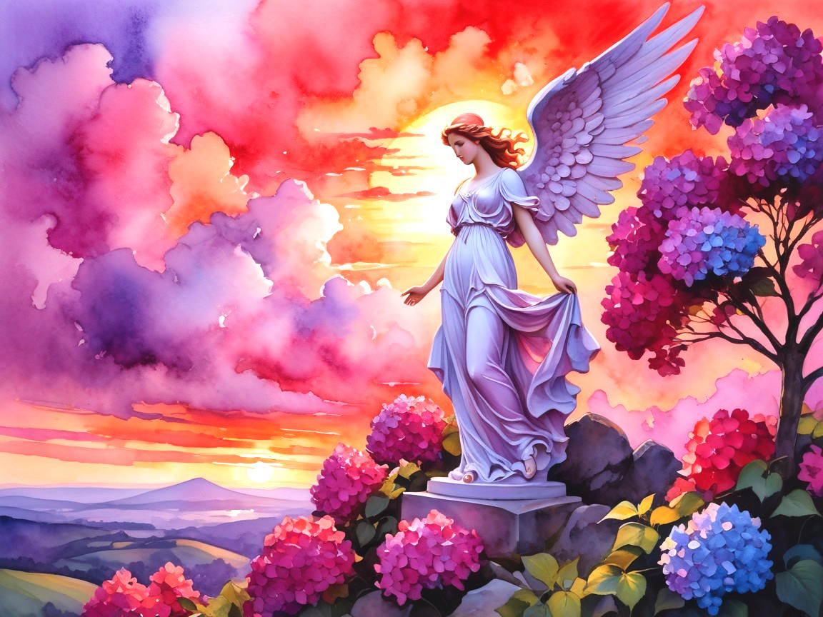 Serene Angel Surrounded by Vibrant Flowers at Sunset
