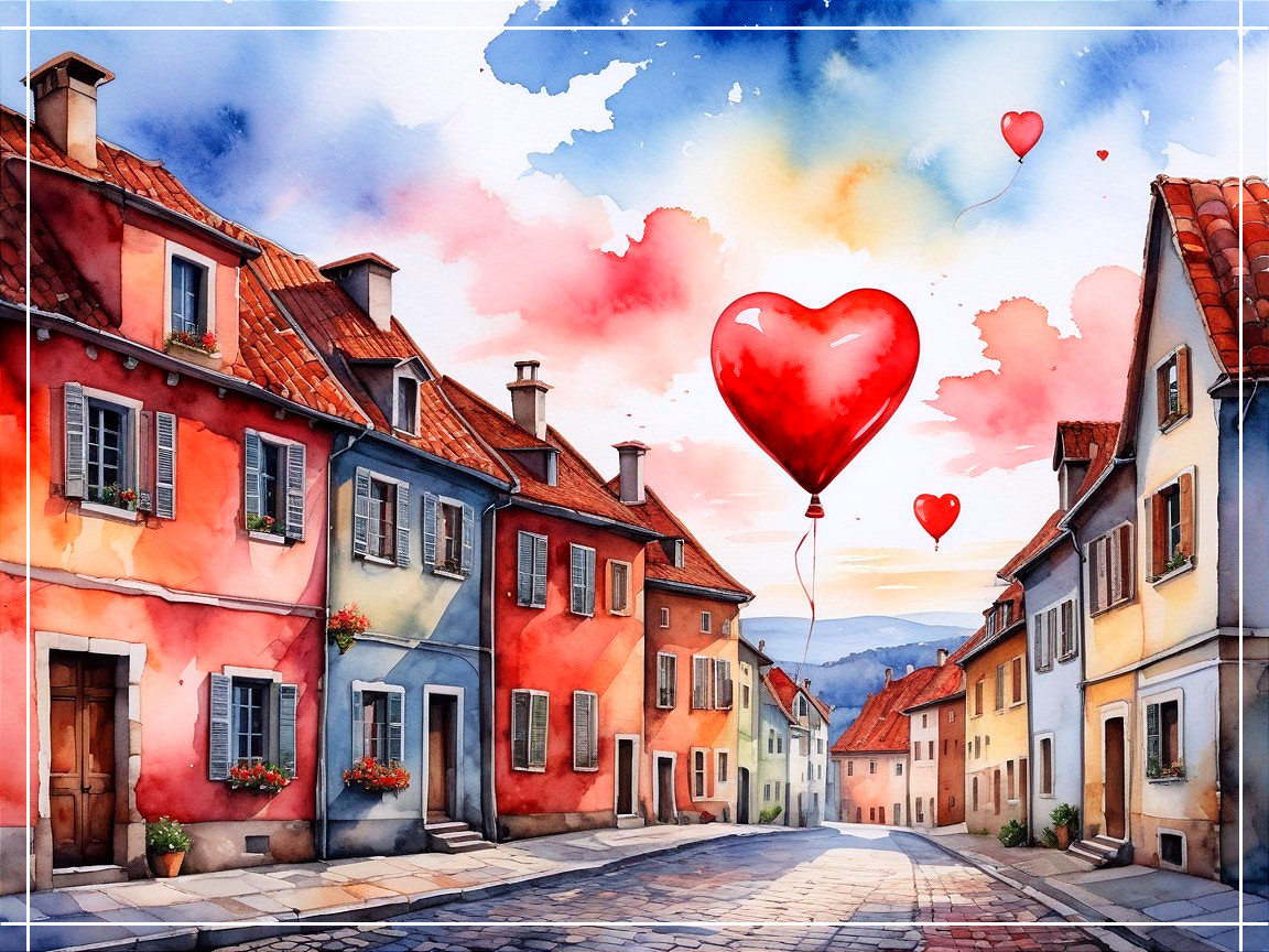 Charming Street with Colorful Houses and Balloons