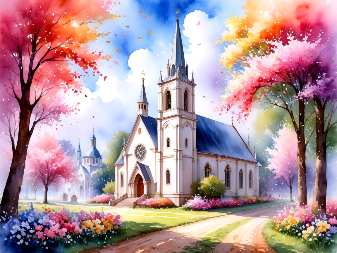 Charming Church Surrounded by Blooming Spring Landscape