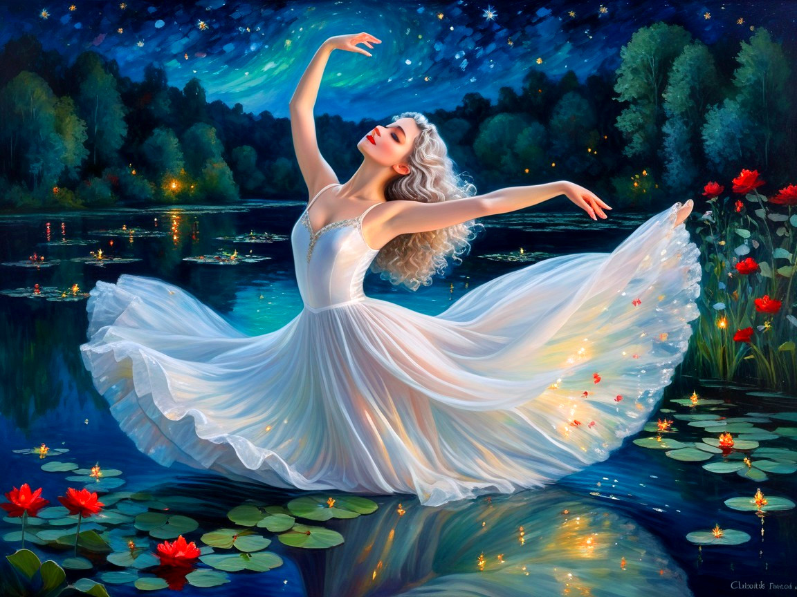 Dancer in White Dress Twirling Over Moonlit Lake