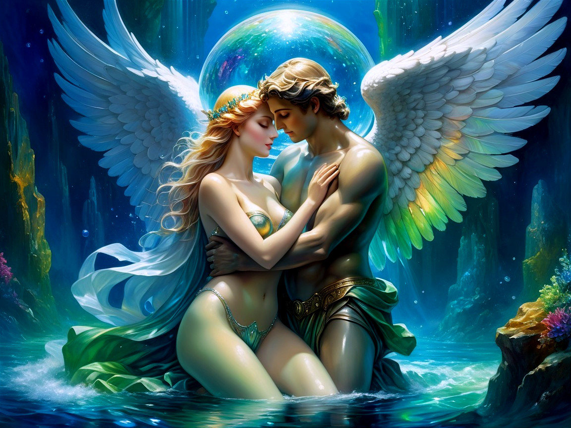 Mermaid and Angel Embrace in Underwater Fantasy Scene
