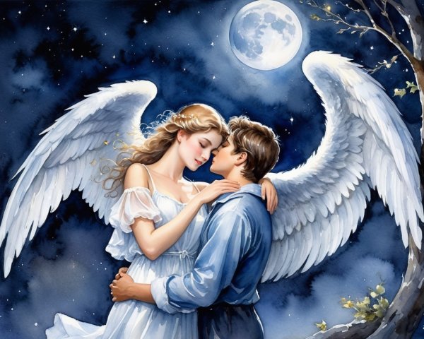 Watercolor painting of a celestial couple at night