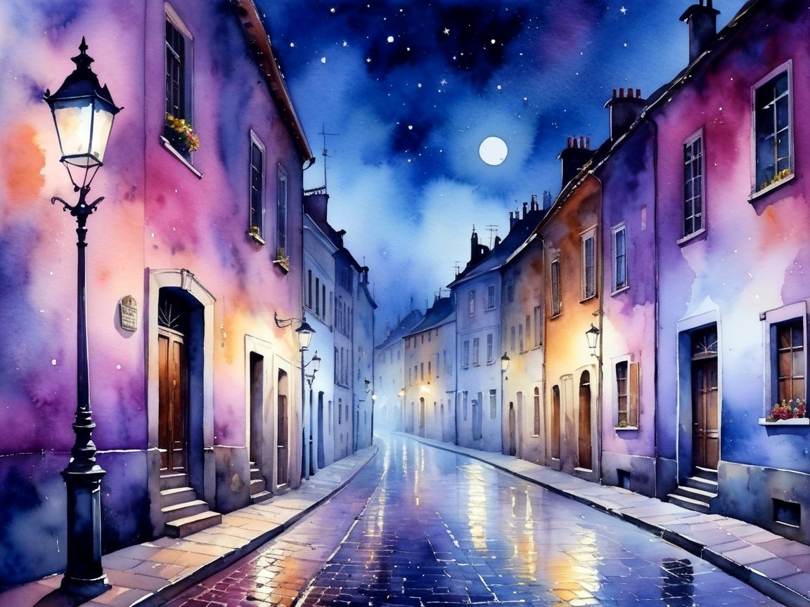 Moonlit Street Scene with Pastel Buildings and Stars