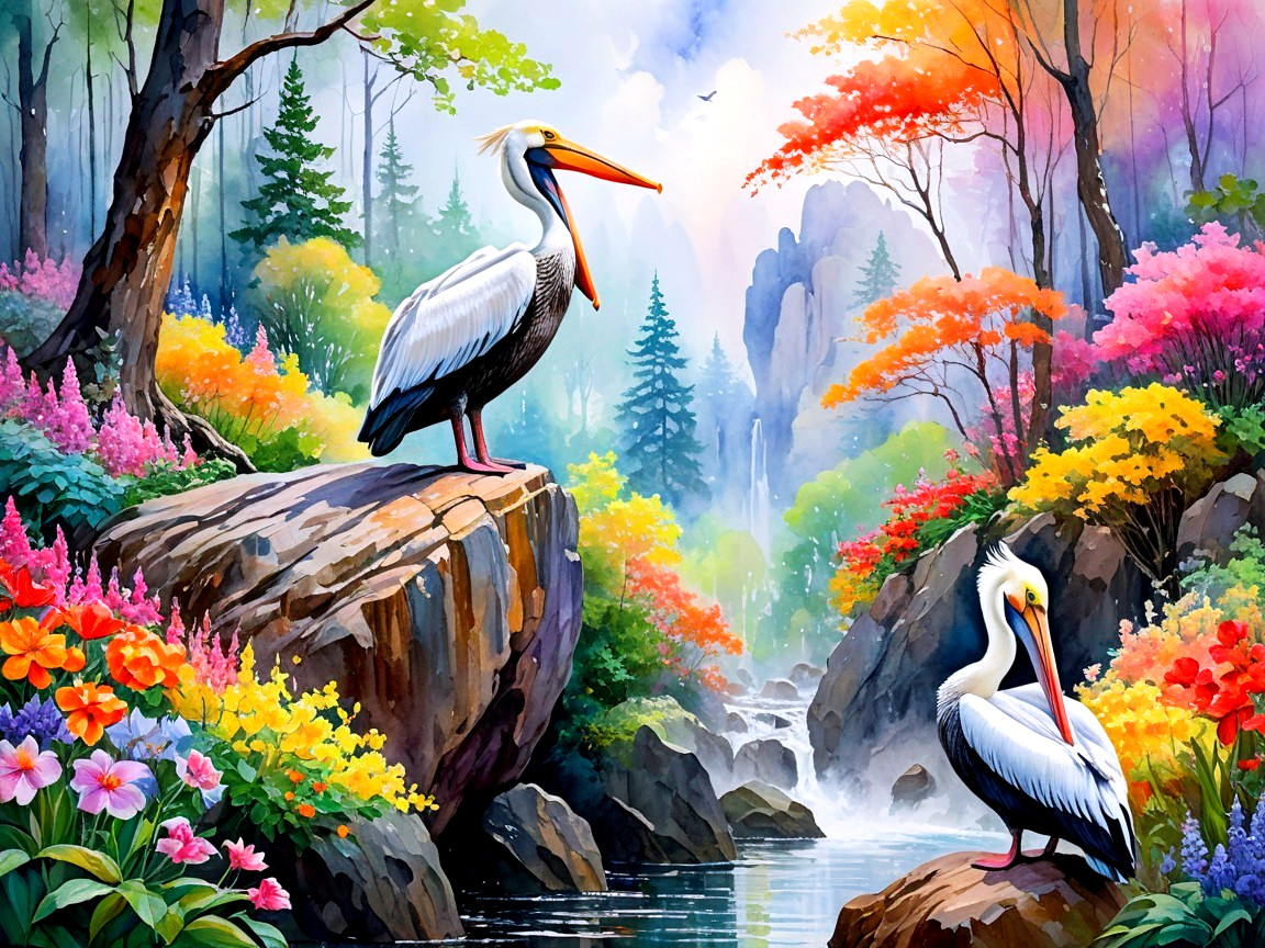 Serene landscape with pelicans and vibrant flowers