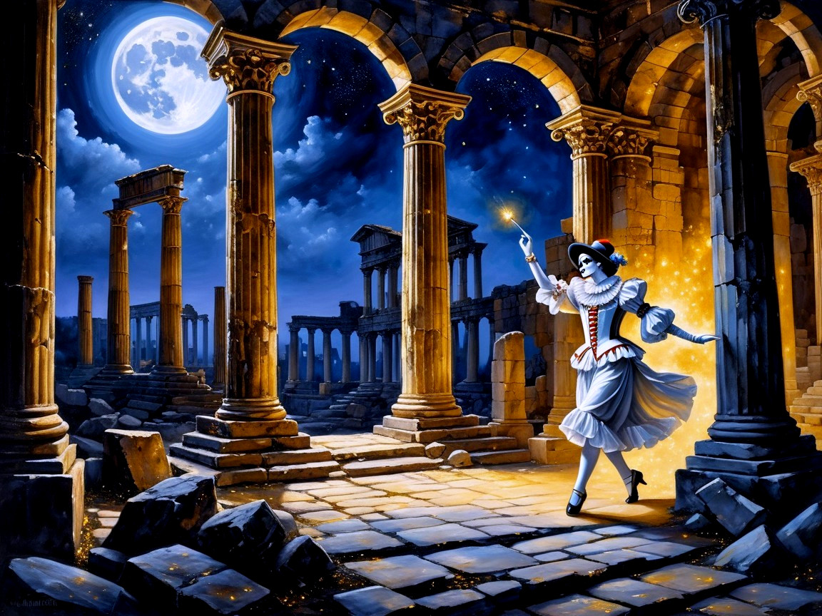 Whimsical Figure in Moonlit Ancient Ruins
