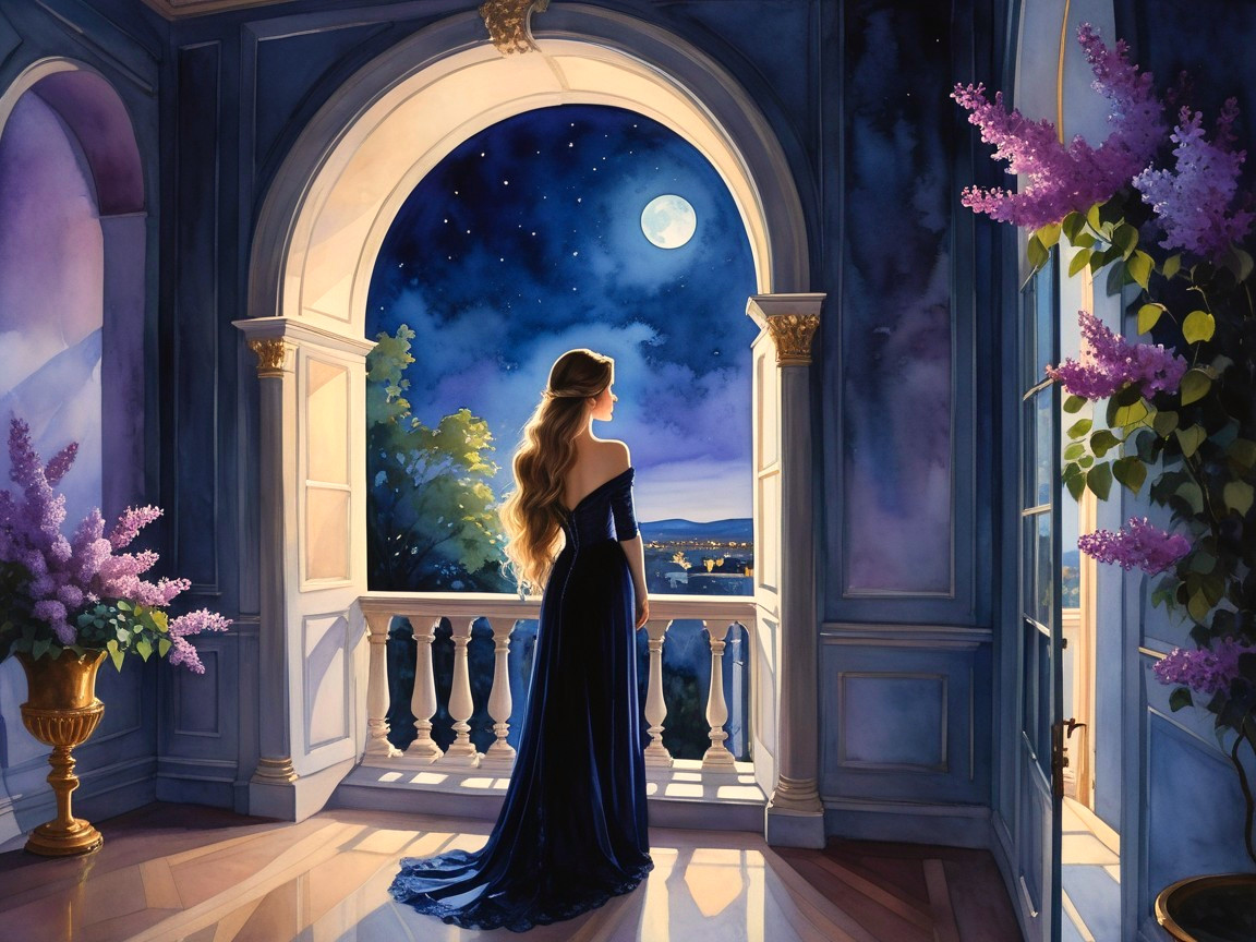 Woman in Dark Blue Gown on Moonlit Balcony