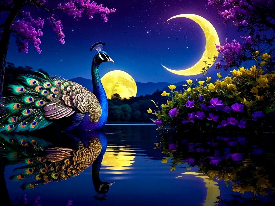 Peacock by Serene Lake with Moons and Flowers