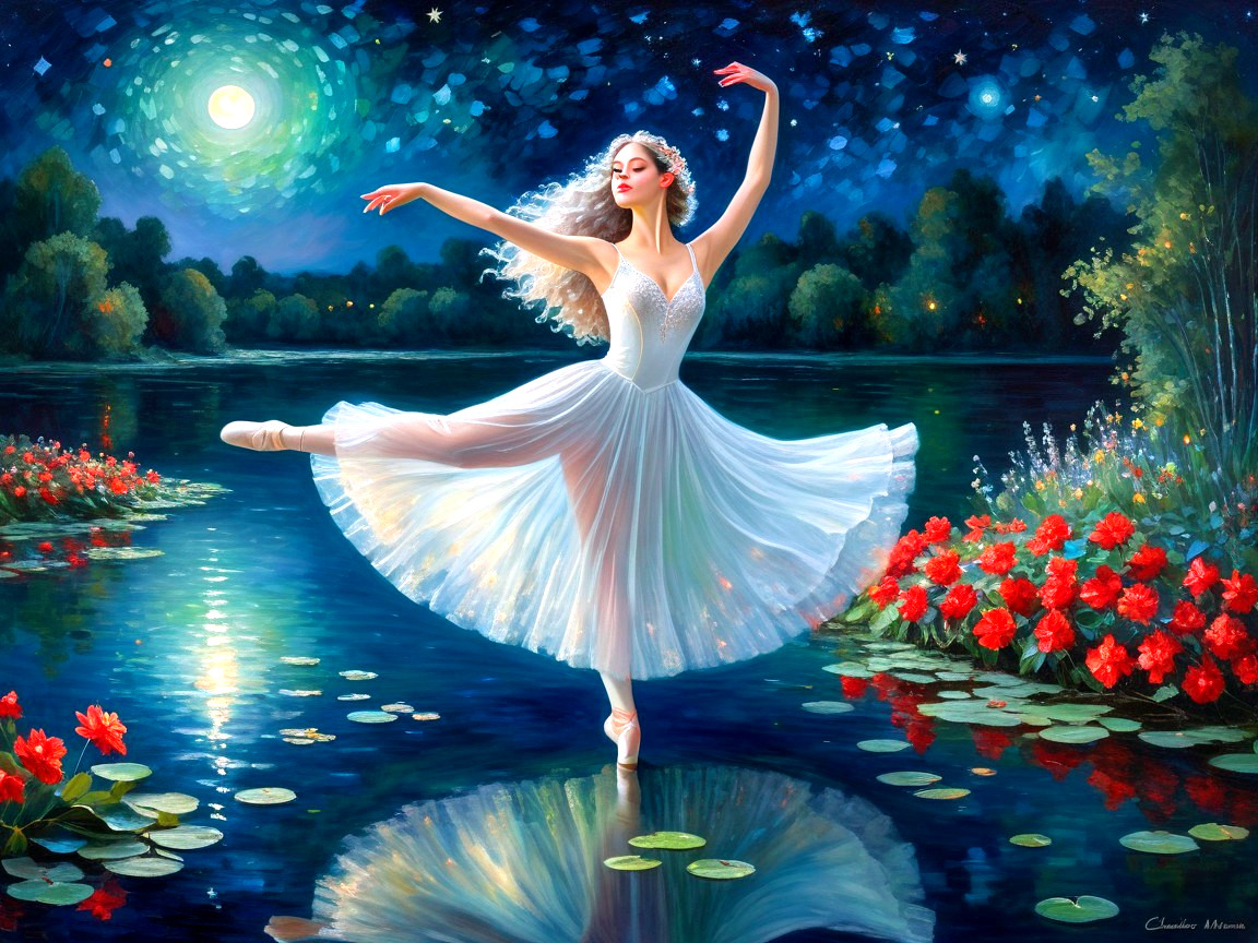 Ballerina Dances on Tranquil Lake Under Starry Sky