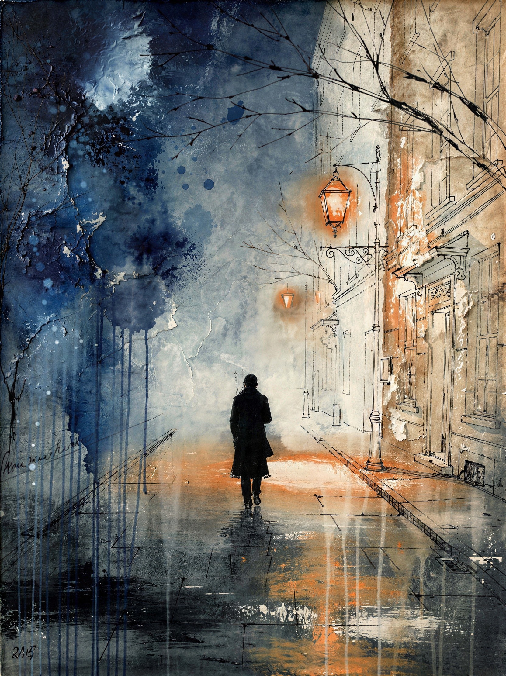 Watercolor and ink painting of a figure on a street