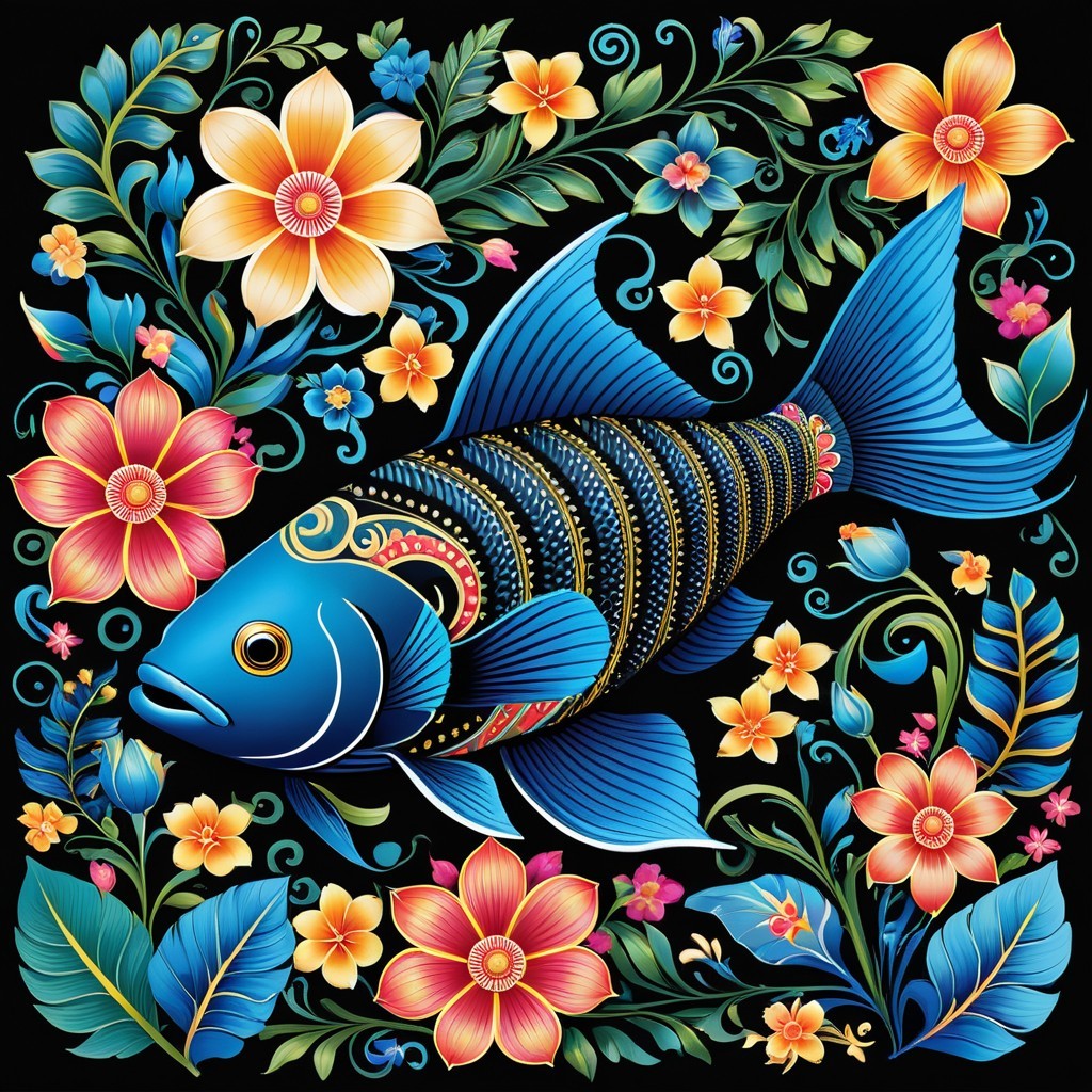 Vibrant Blue Fish Among Colorful Floral Patterns