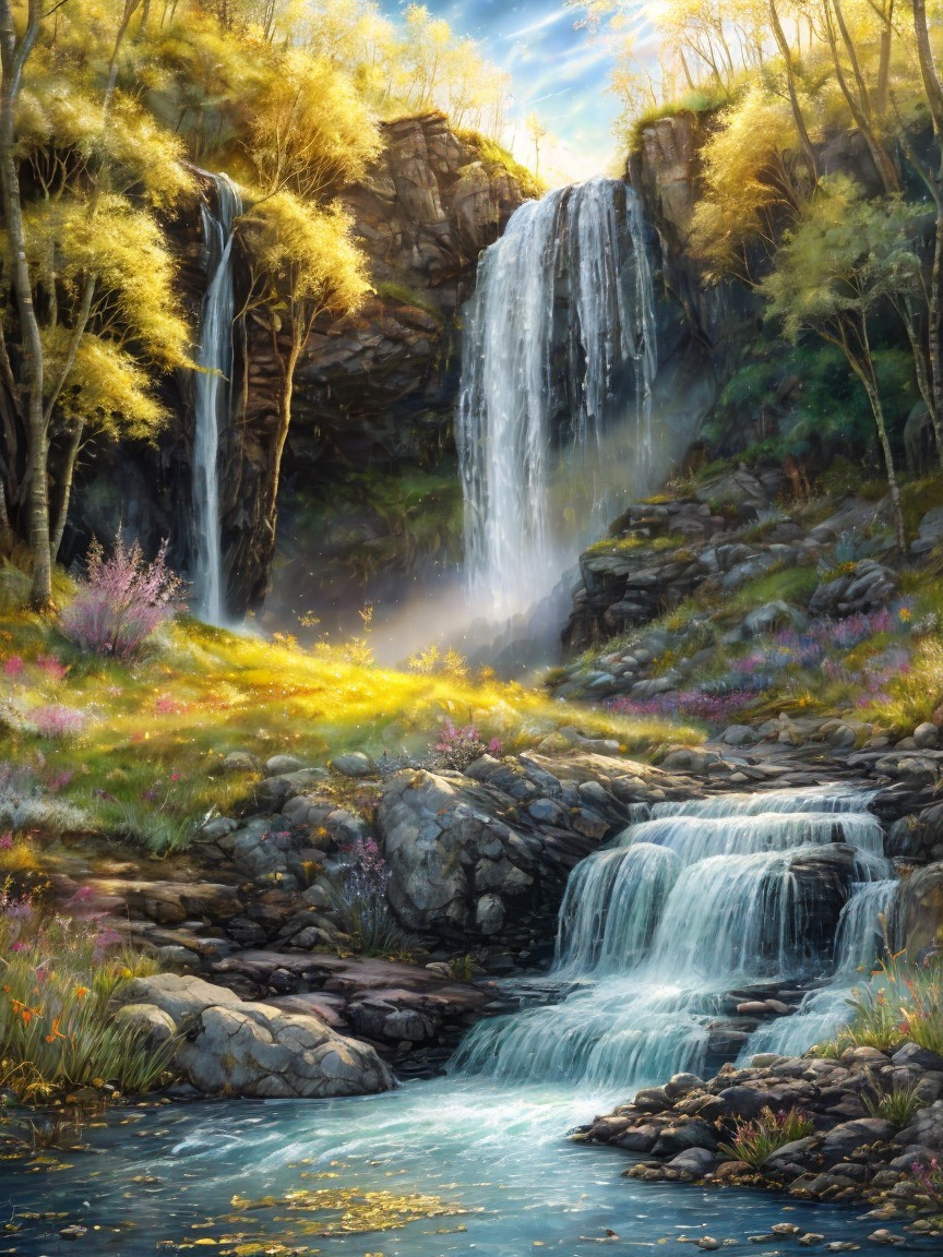 Serene Landscape with Two Cascading Waterfalls