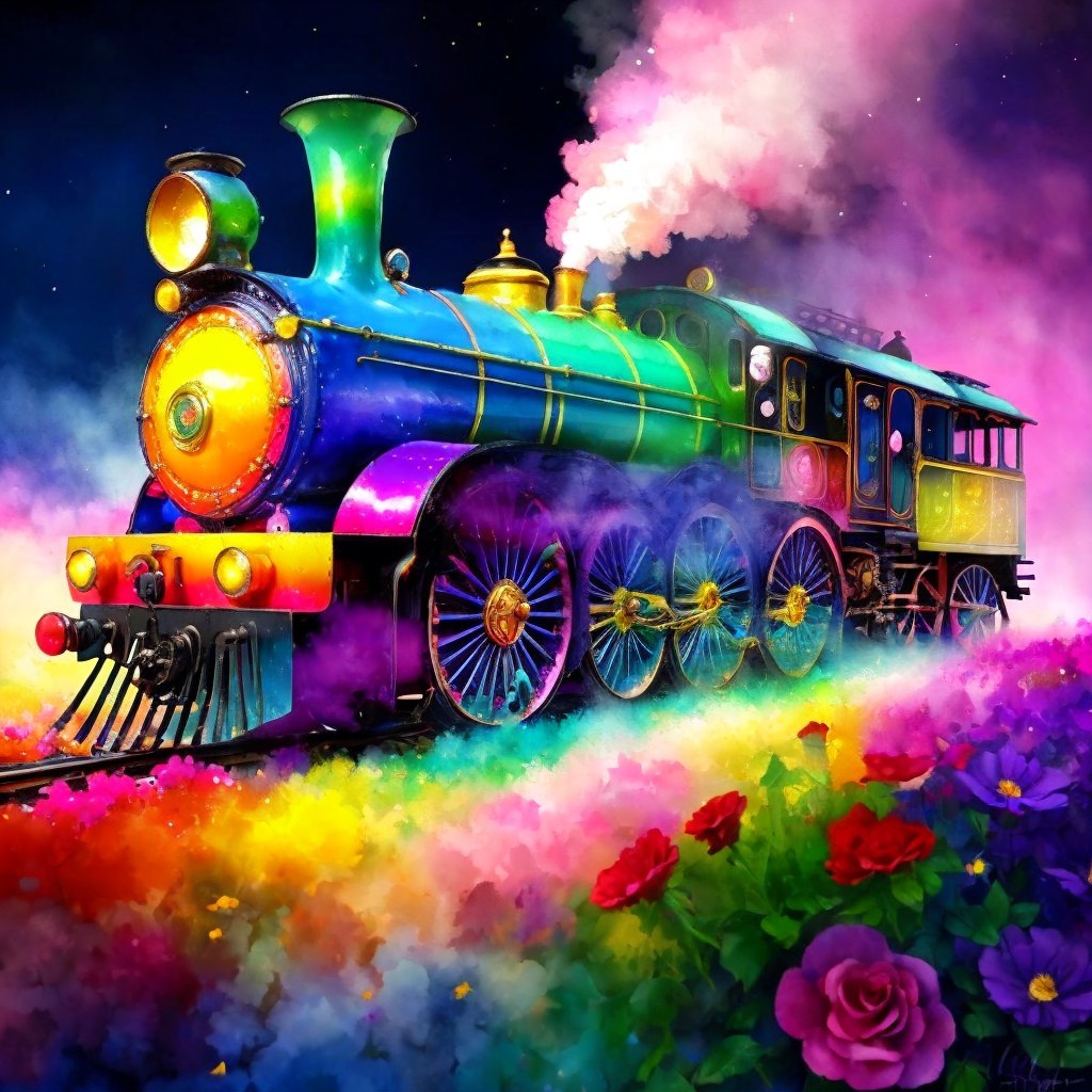 Vibrant Steam Locomotive in Colorful Mist and Flowers