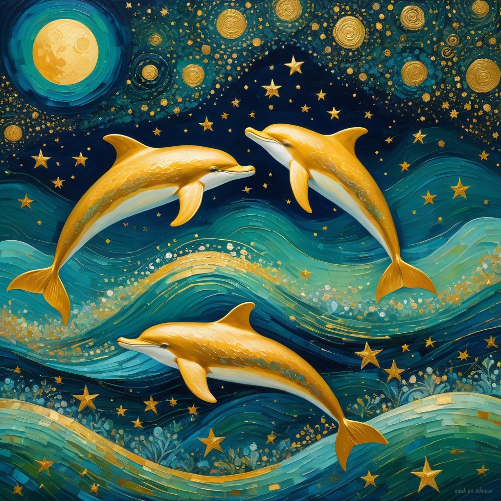 Dolphins Leaping Through Turquoise Waves at Night