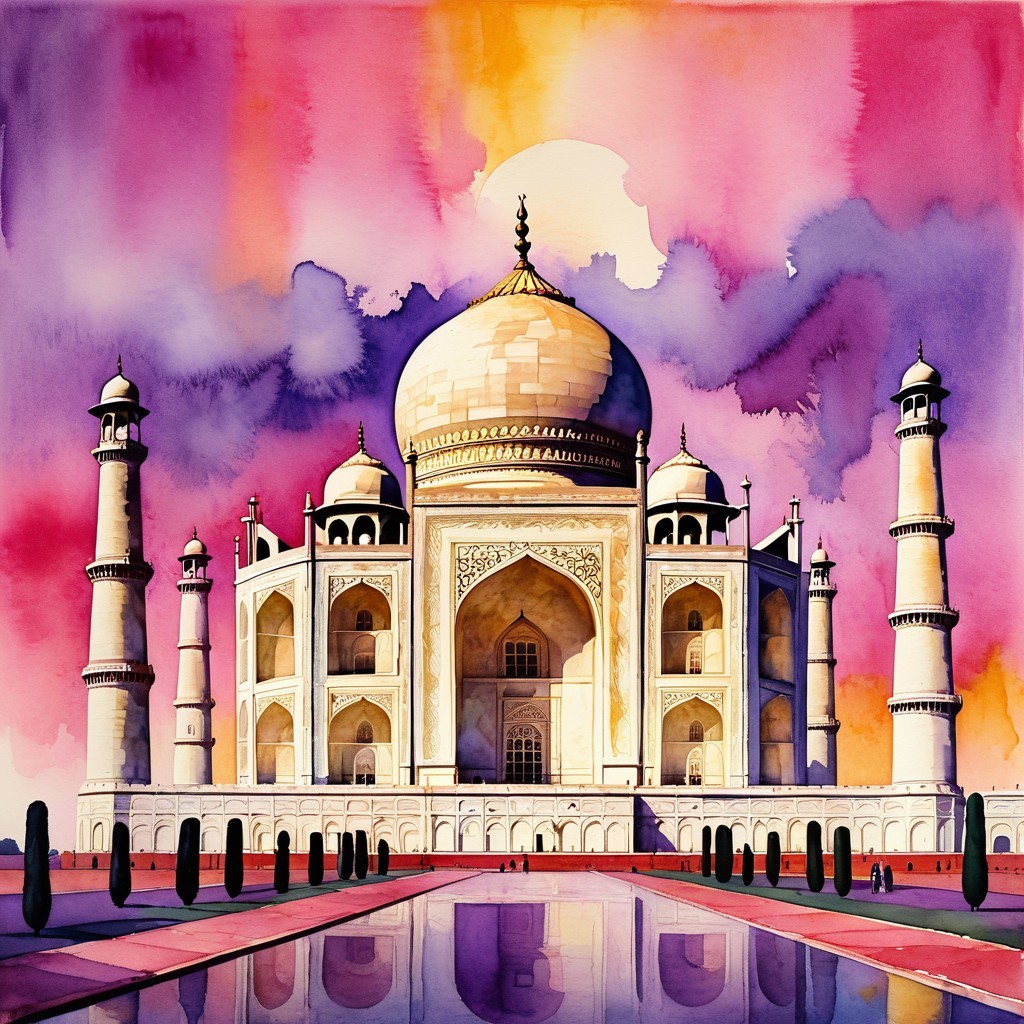 Watercolor Artwork of Taj Mahal at Sunset