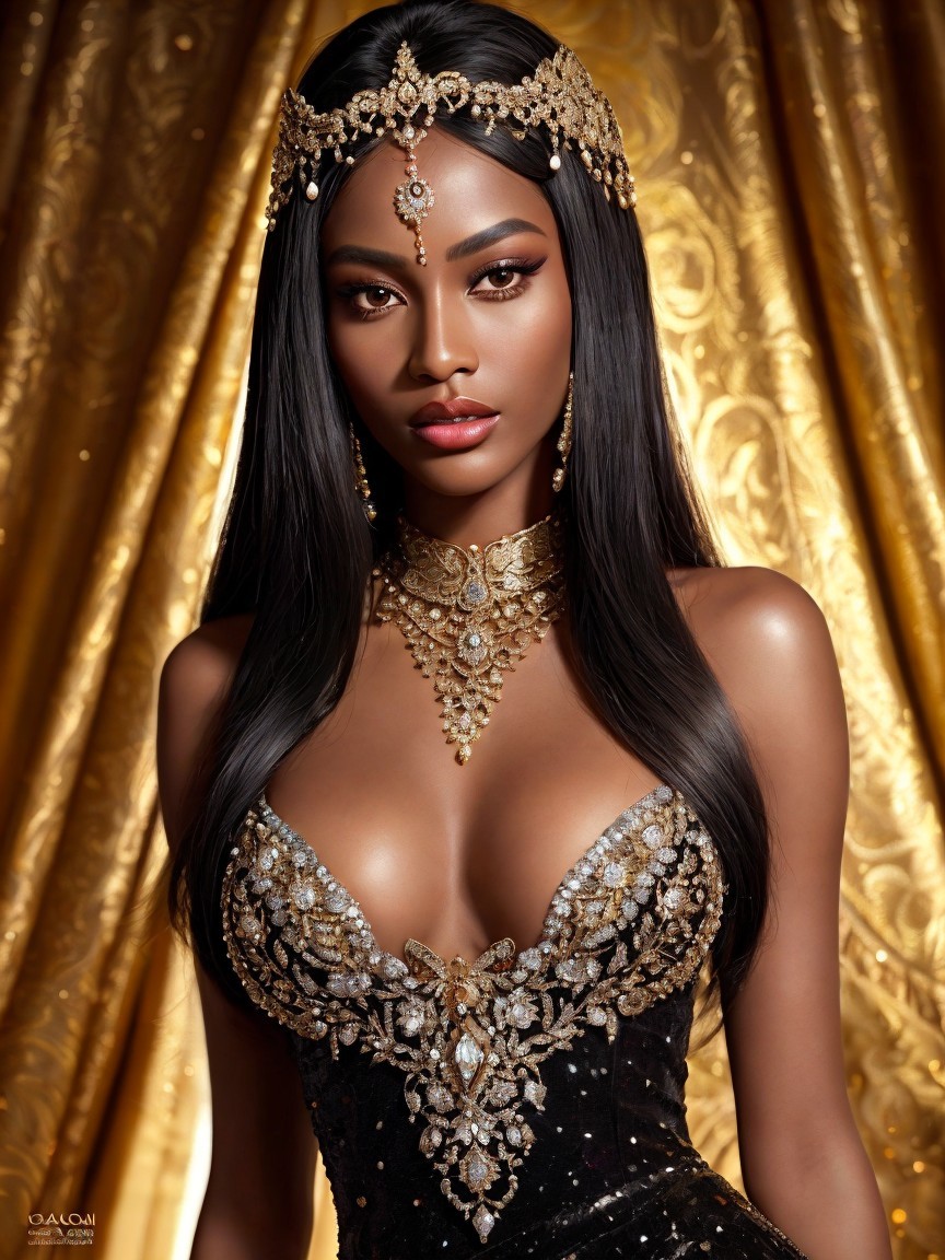 Elegant model in dazzling evening gown with gold accents