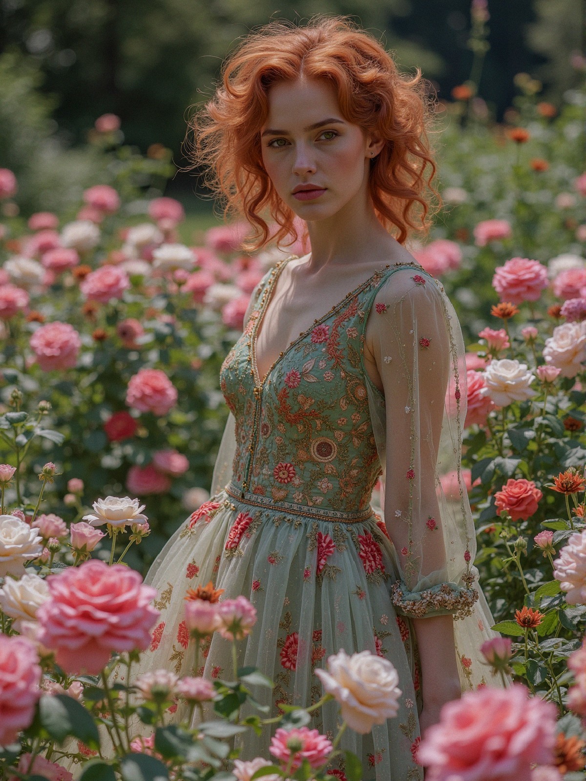 Young Woman in Embroidered Dress in Rose Garden