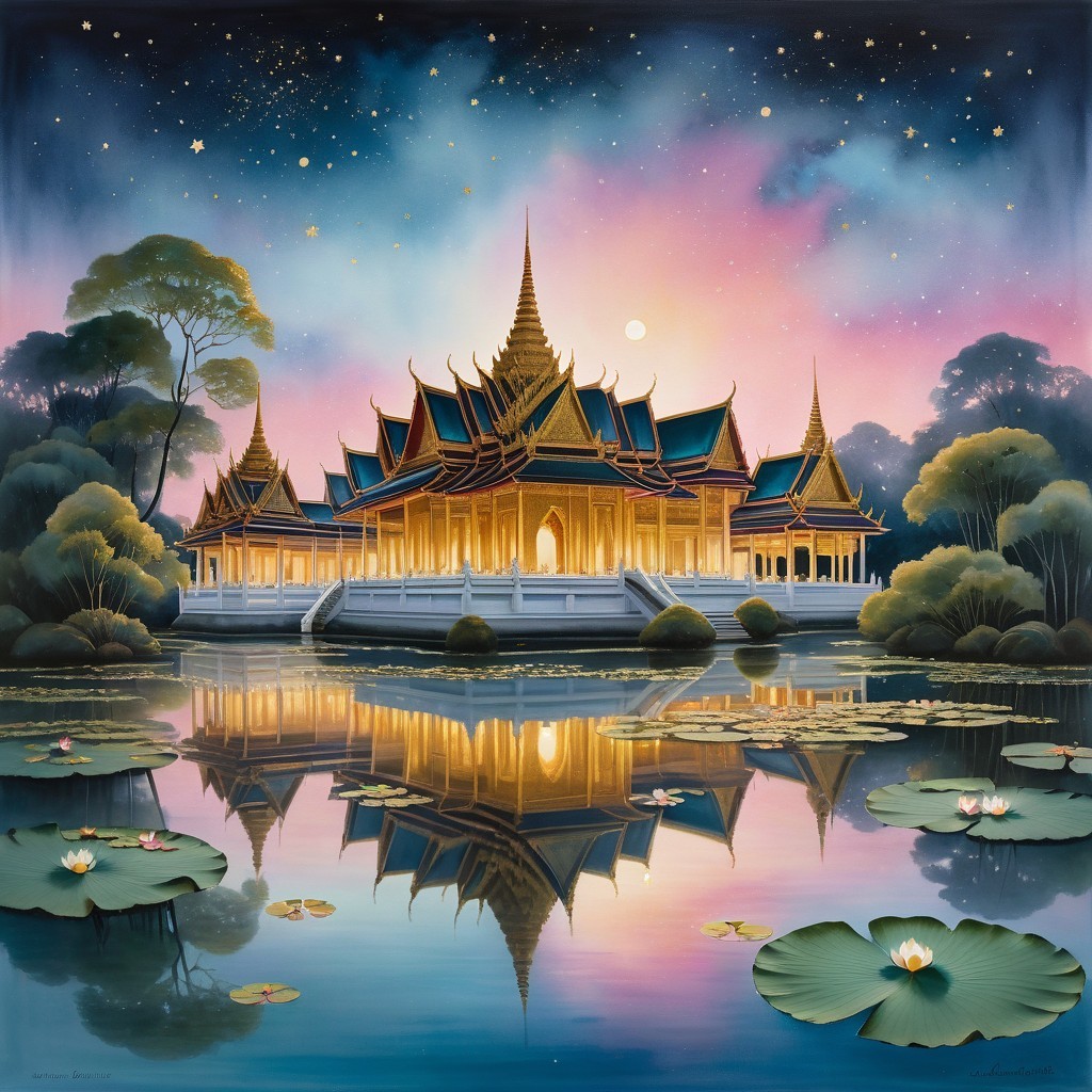 Majestic temple with spires and serene twilight sky