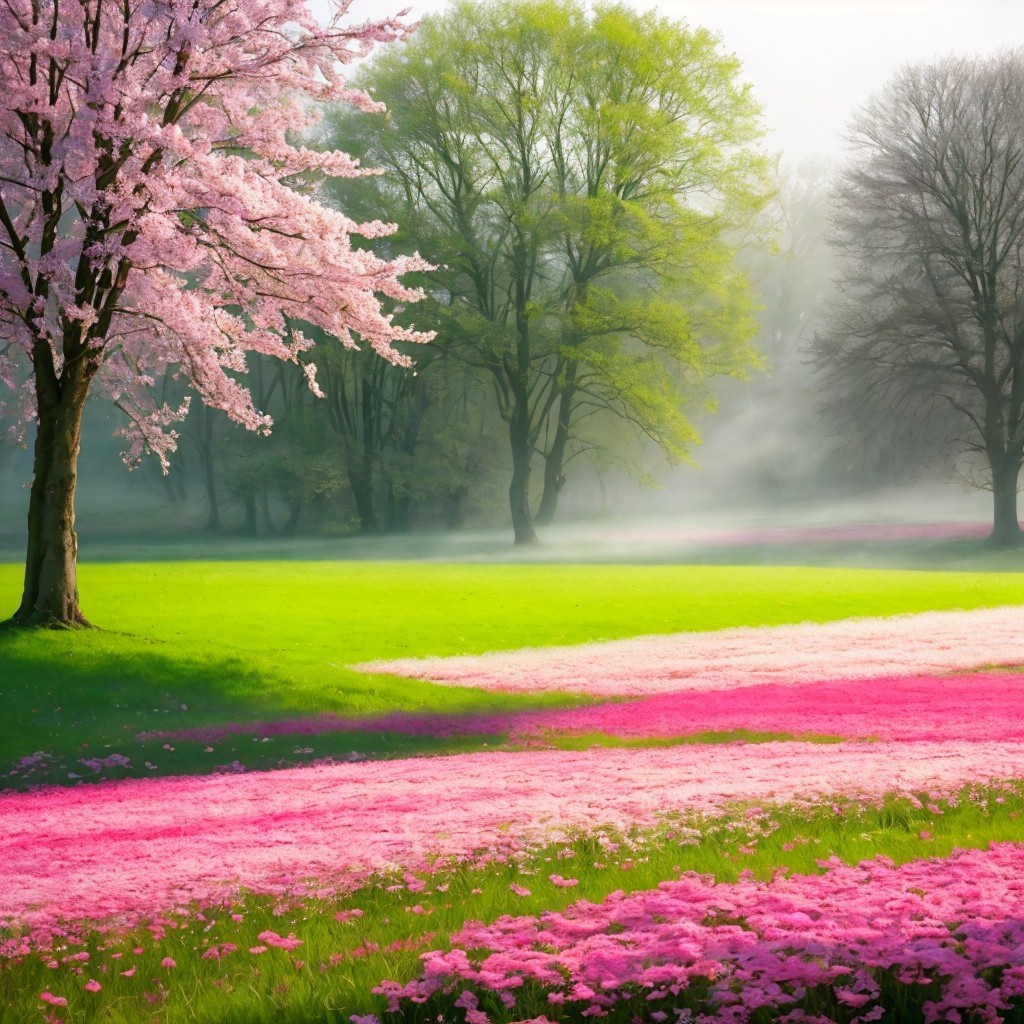 Vibrant Cherry Blossom Landscape in Springtime Mist