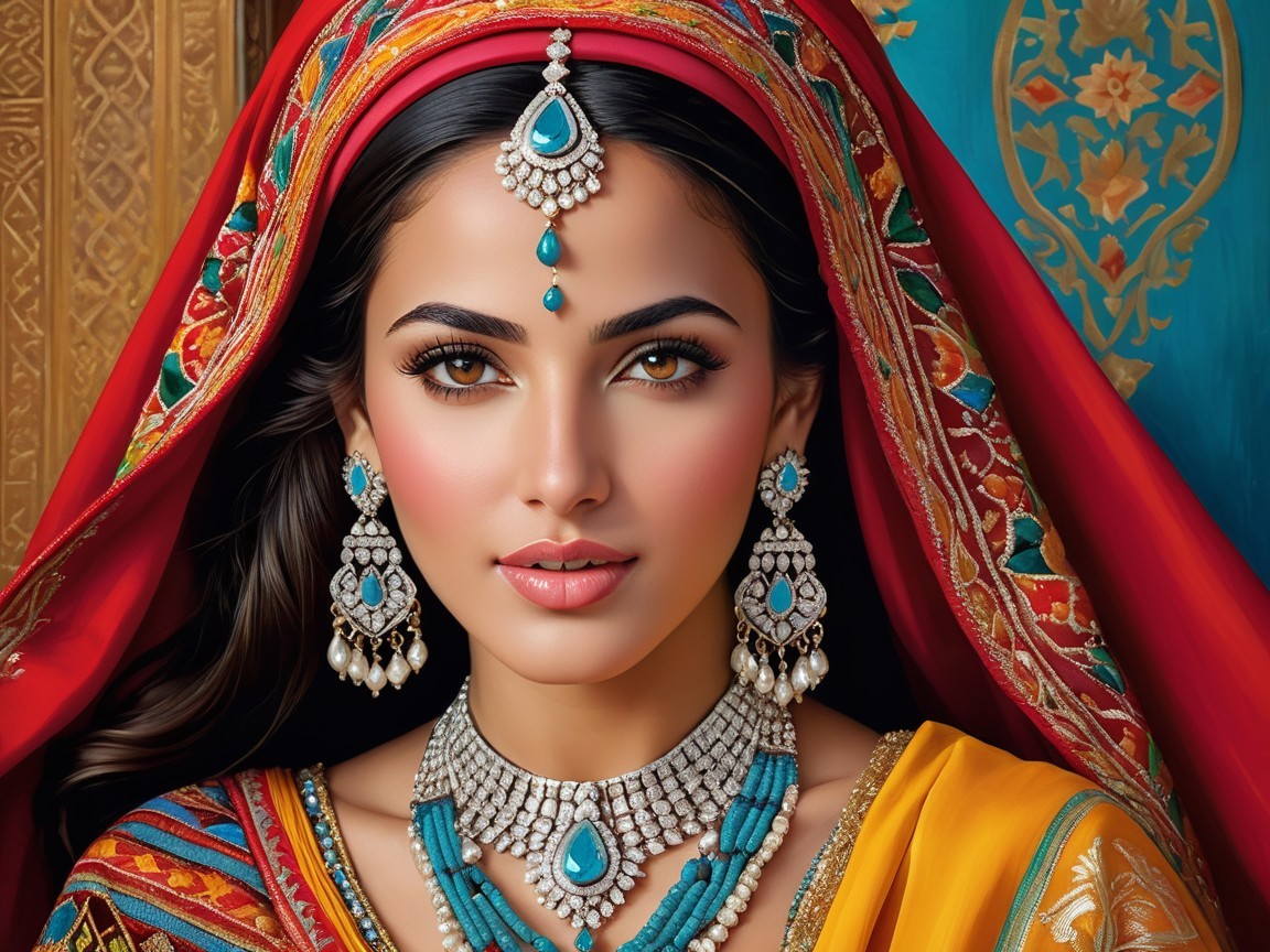 Traditional Attire with Intricate Jewelry and Makeup