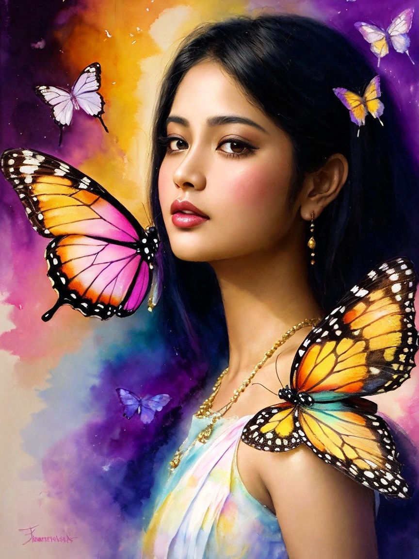Young woman with butterfly wings in vibrant colors