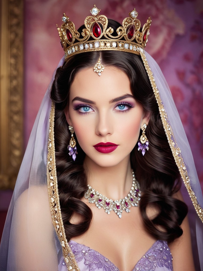 Regal Young Woman in Elegant Purple Gown and Crown