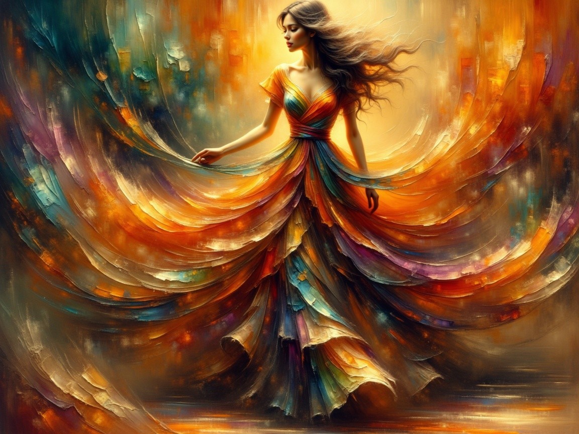 Vibrant Dress and Graceful Figure in Warm Hues