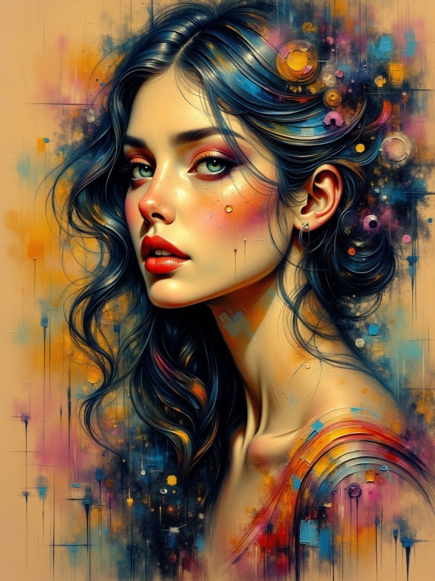 Portrait of a Young Woman with Colorful Art Elements