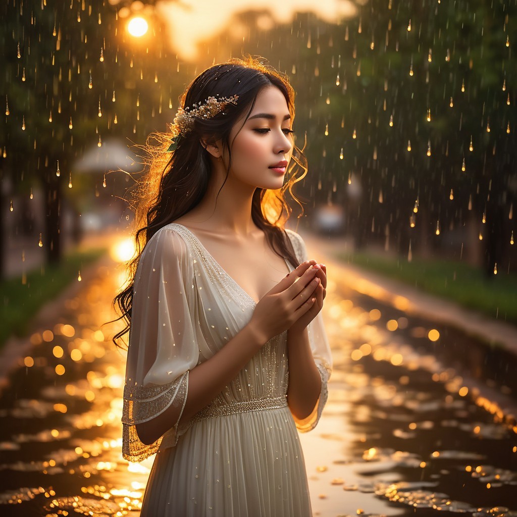Young Woman in Ethereal Dress by Flowing Stream