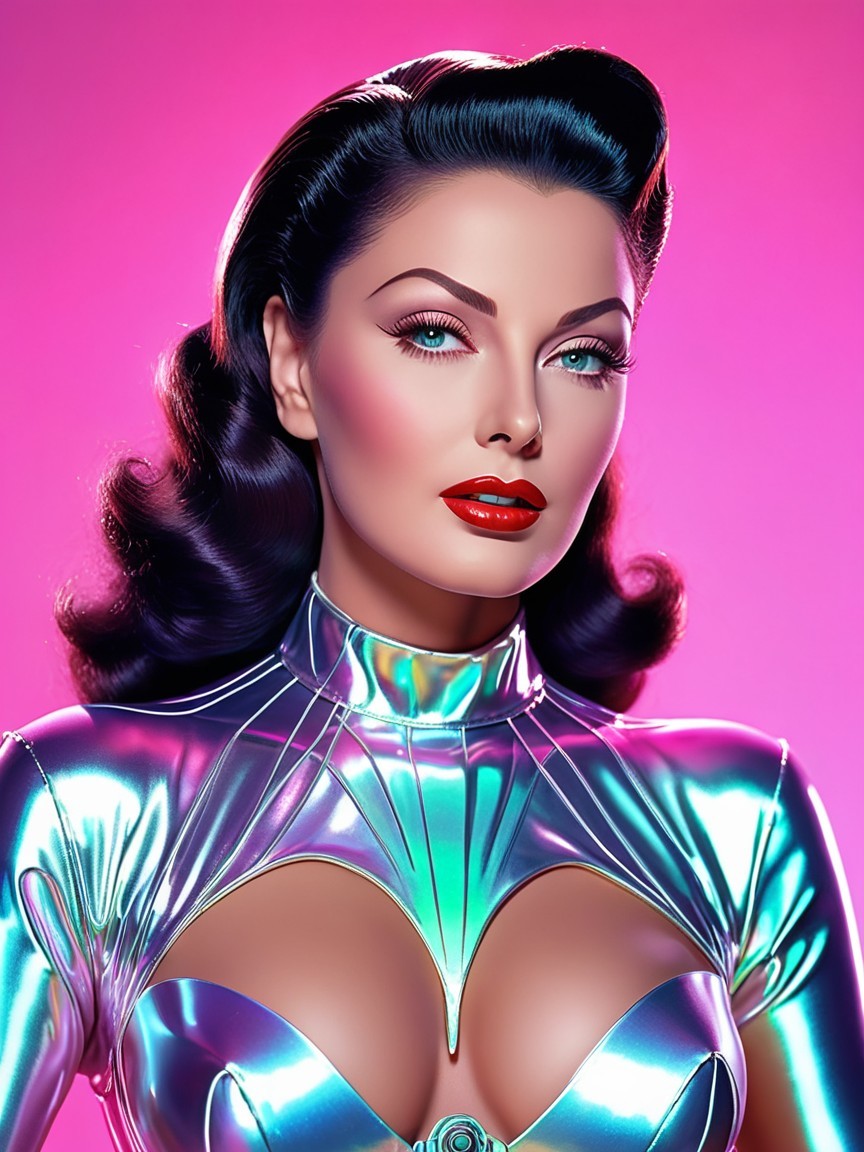 Glamorous Woman in Holographic Outfit Against Pink Background