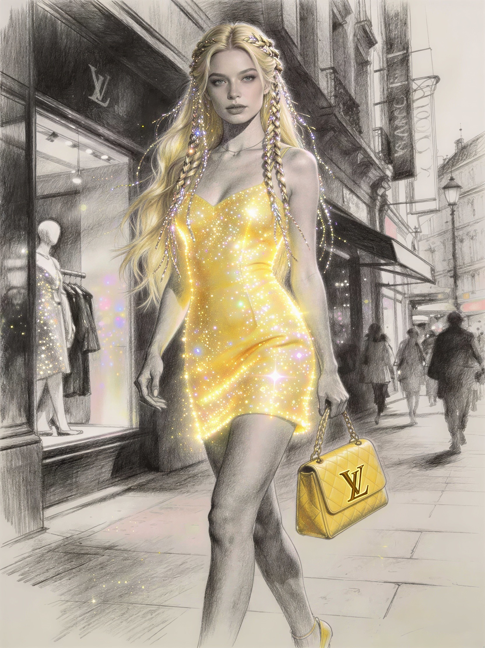 Pencil Sketch of Glamorous Woman with Louis Vuitton Store