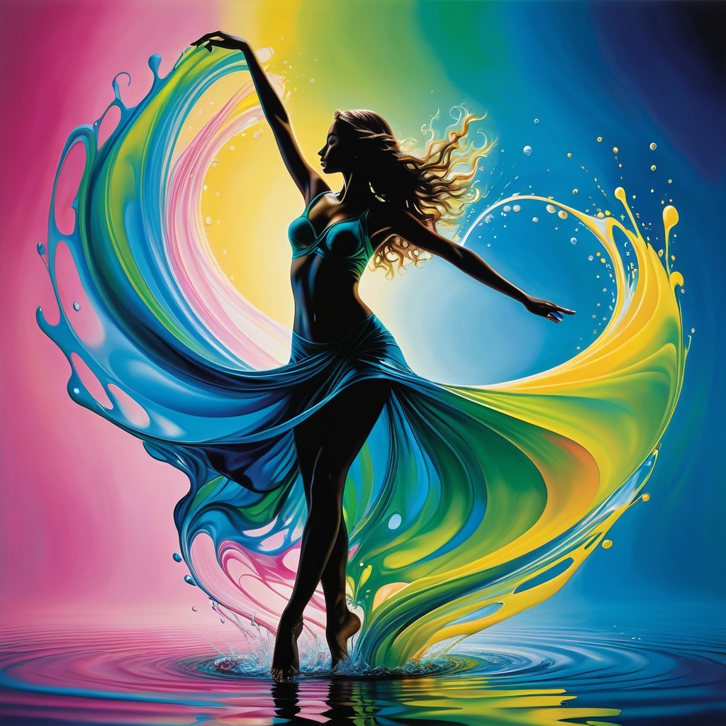 Vibrant Silhouette of Dancing Woman in Colorful Waters