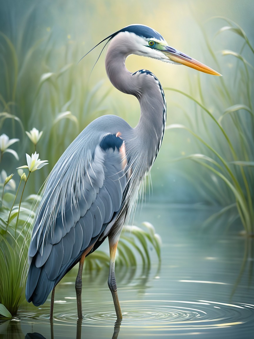 Blue Heron in Serene Pond Surrounded by Greenery