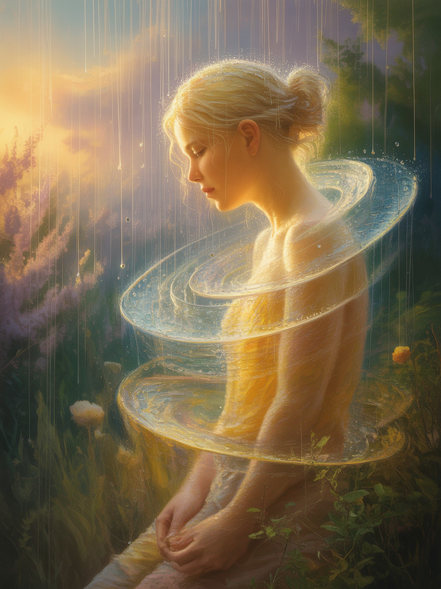 Serene Woman in Lush Landscape with Glowing Orbs