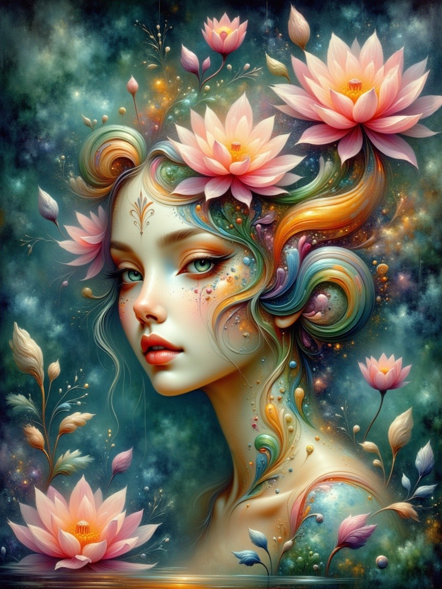 Ethereal Woman Surrounded by Flowers and Colors
