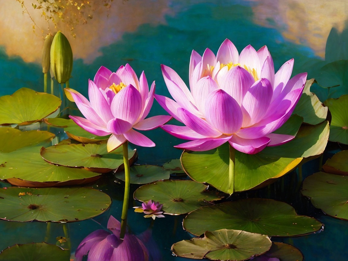 Vibrant Pink Lotus Flowers on Tranquil Pond