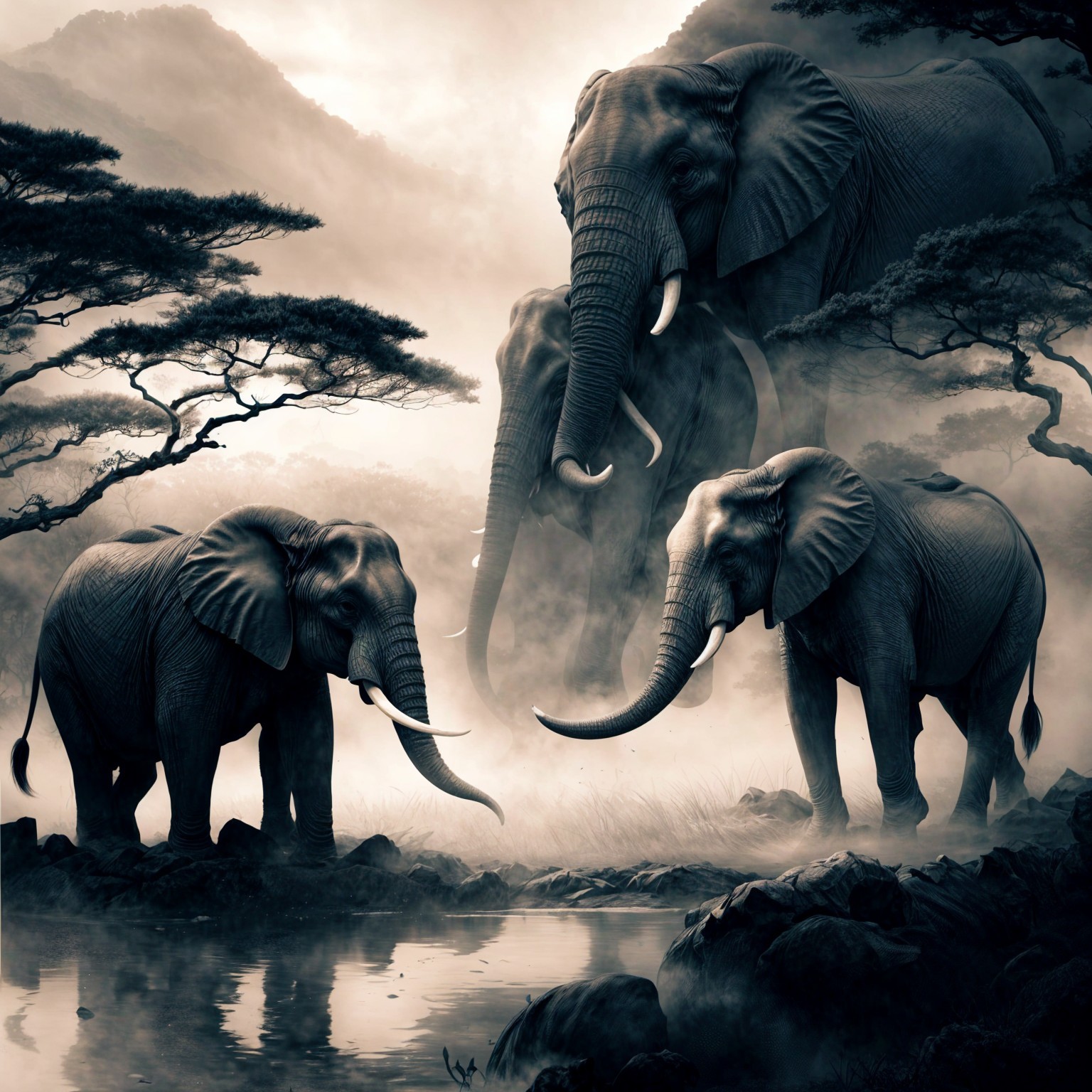 Black-and-white elephants in a misty landscape scene