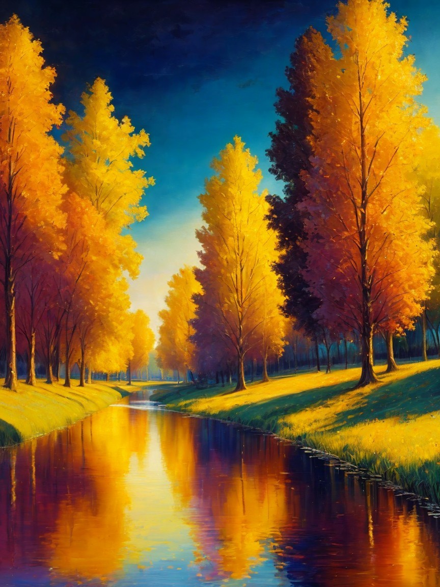 Vibrant Autumn Landscape with Golden Leaves and River