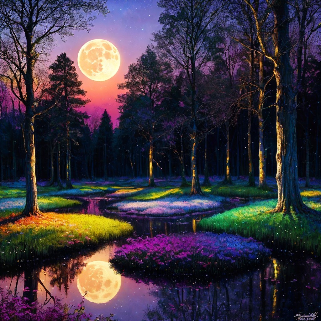 Twilight Landscape with Full Moon and Tranquil Forest