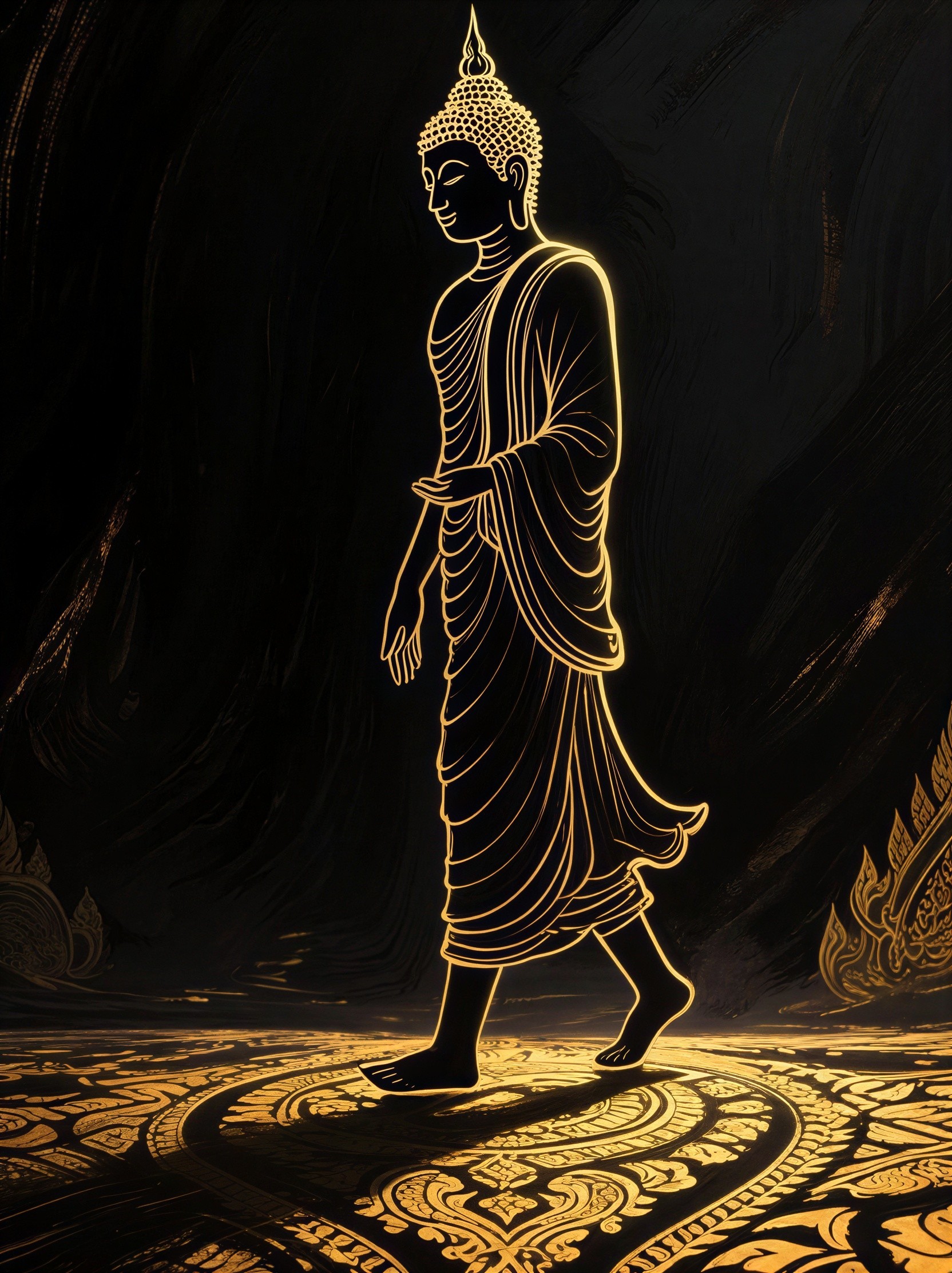 Neon Golden Buddha Silhouette in Dark Space
