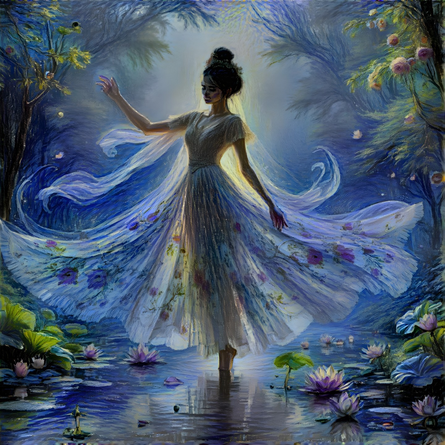 Dancer in Floral Gown in Tranquil Pond Setting