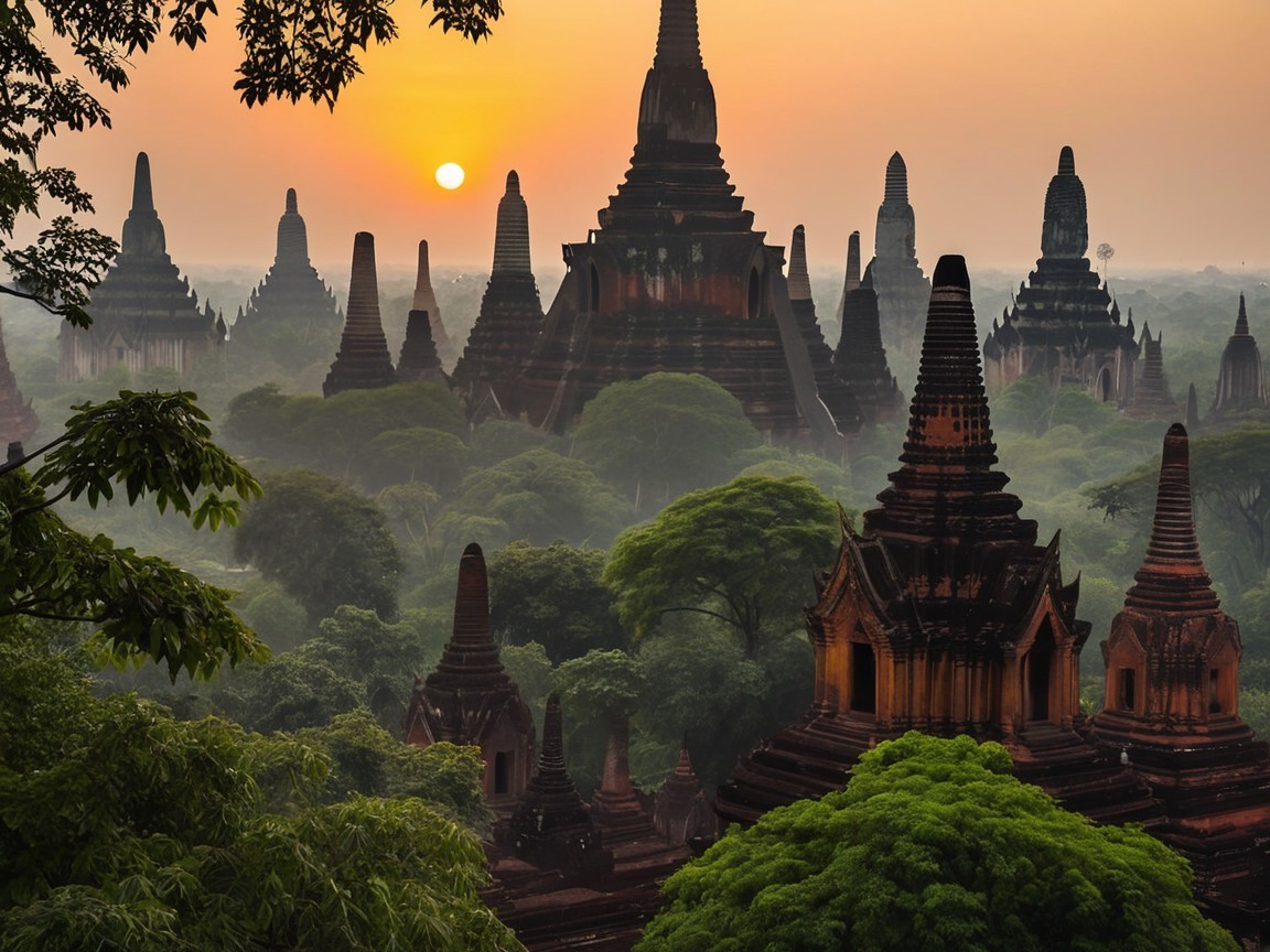 Ancient Pagodas Under Vibrant Sunrise Glow