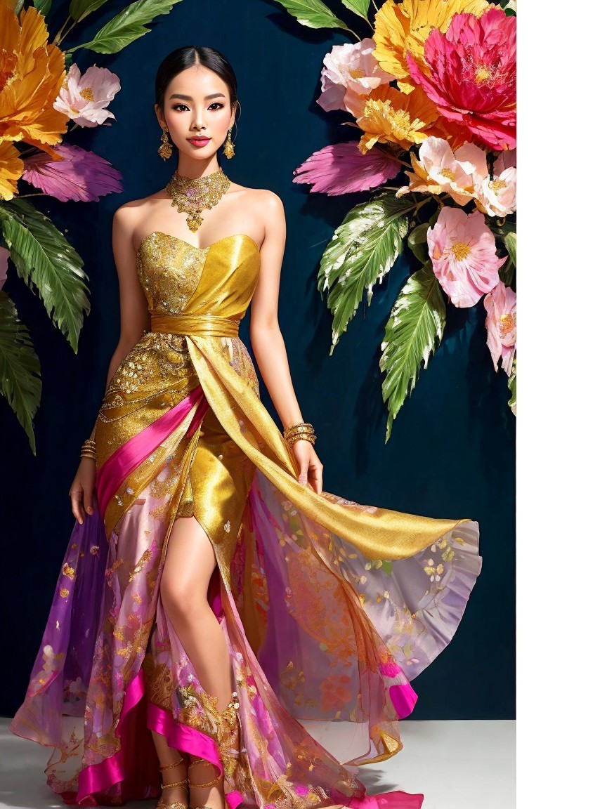 Elegant Model in Strapless Gown with Floral Details